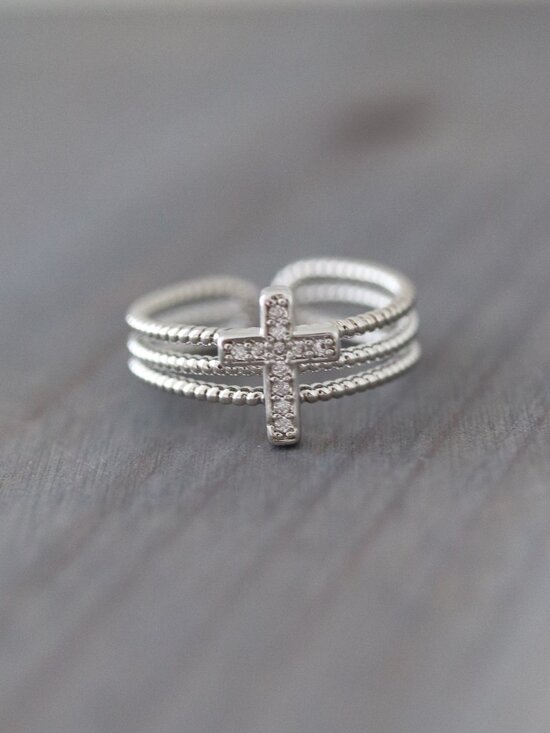 JA Jewelry Jewelry - Cross 3Layers Style with CZ Diamond Wide Cuff Ring Silver Stainless Steel